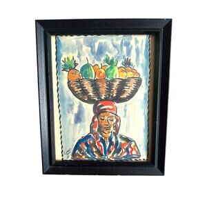 Signed & Dated ‘68 Vintage Watercolor Woman with a Basket of Fruit Haitian